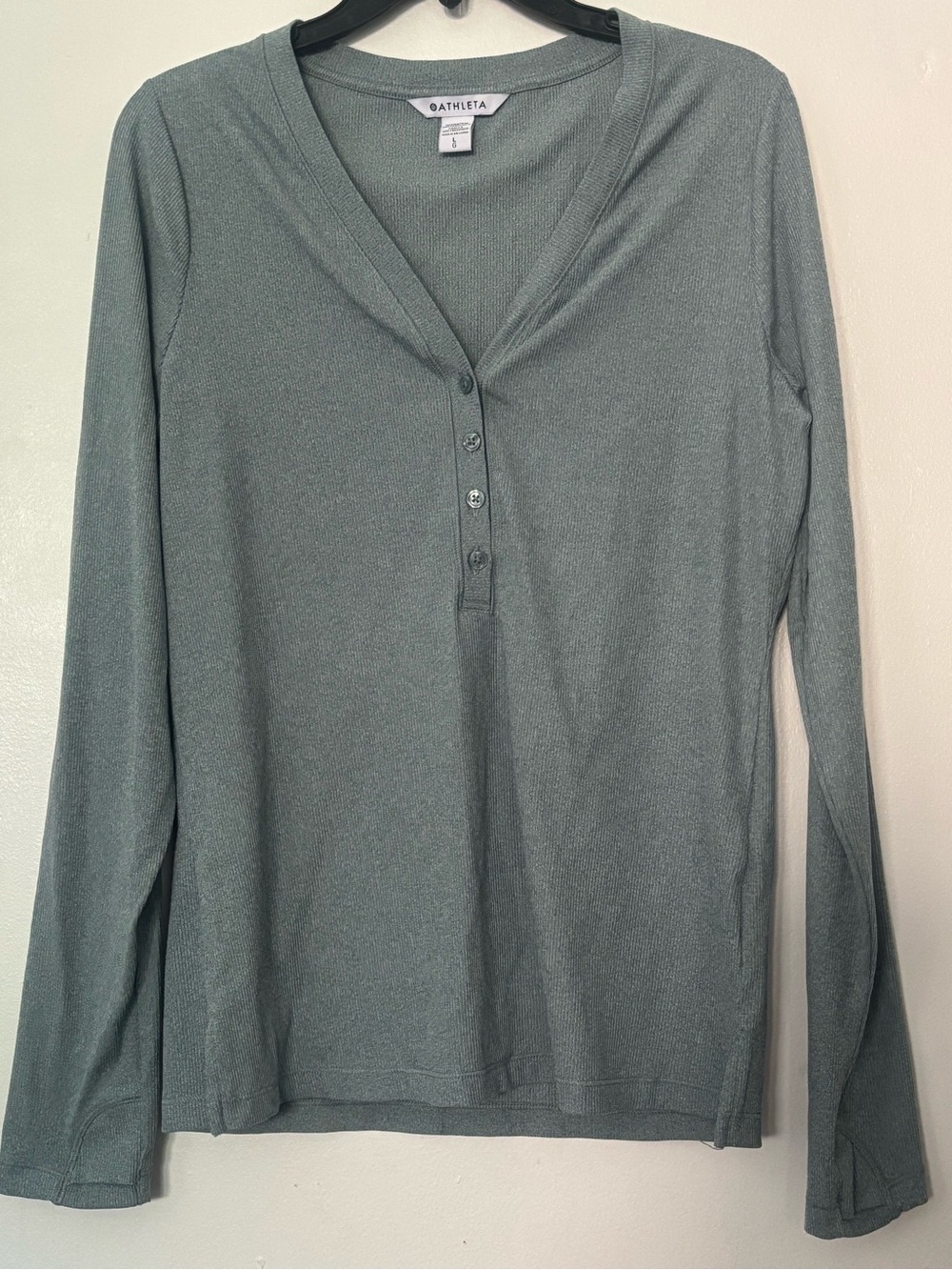 Athleta Uptempo Ribbed Henley Top Large Gray Green Long Sleeve Thumbholes